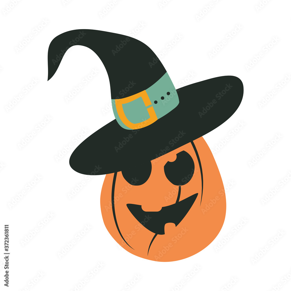 happy halloween, pumpkin with hat trick or treat party celebration flat icon design