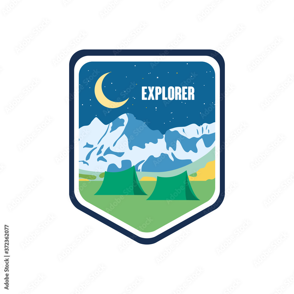 shield badge with camping tents and snoe mountains, flat style shield badge with camping tents and snoe mountains, flat style