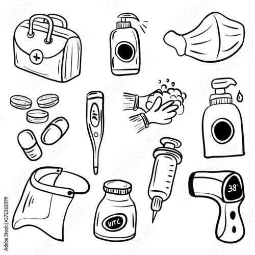 New Normal icon set after Covid-19 or Coronavirus Disease, simple set icons with hand drawn style 
