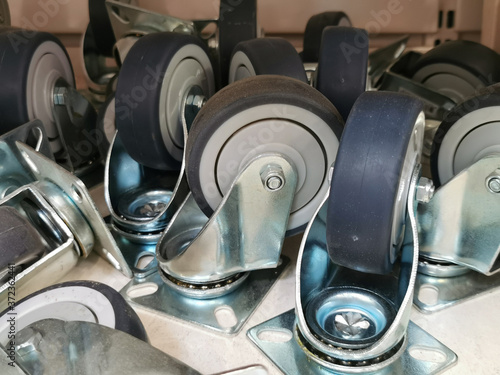 Furniture wheels in the store on display case for sale