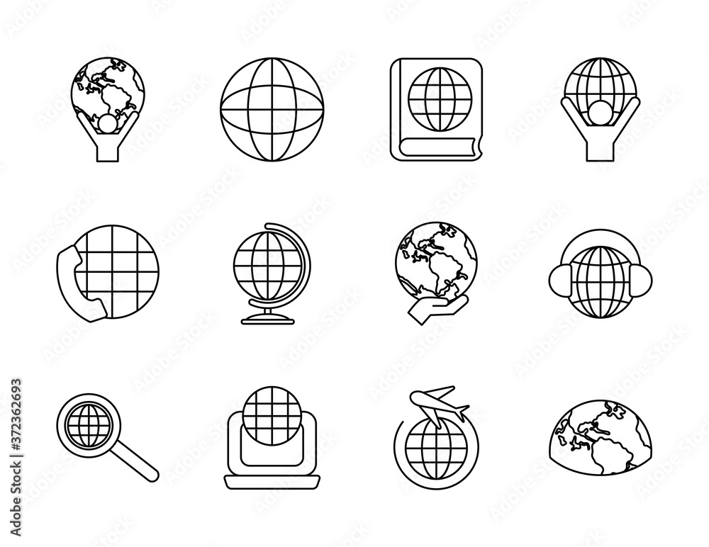 global spheres and world icon set, line style global spheres and world icon set, line style