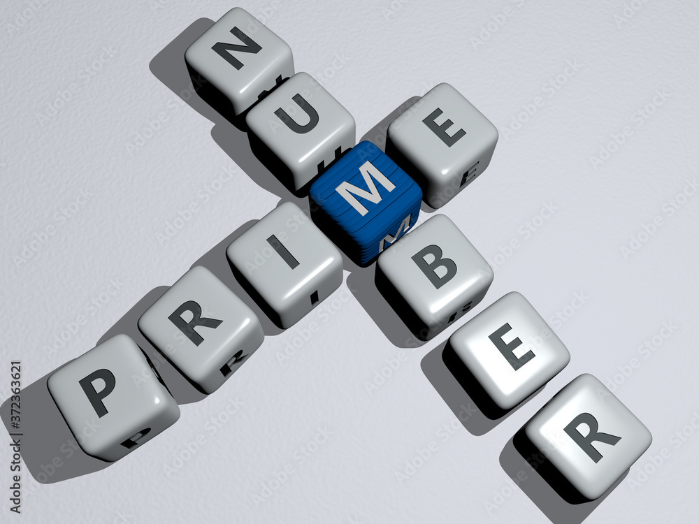 prime number crossword by cubic dice letters, 3D illustration for editorial and amazon prime number crossword by cubic dice letters, 3D illustration for editorial and amazon