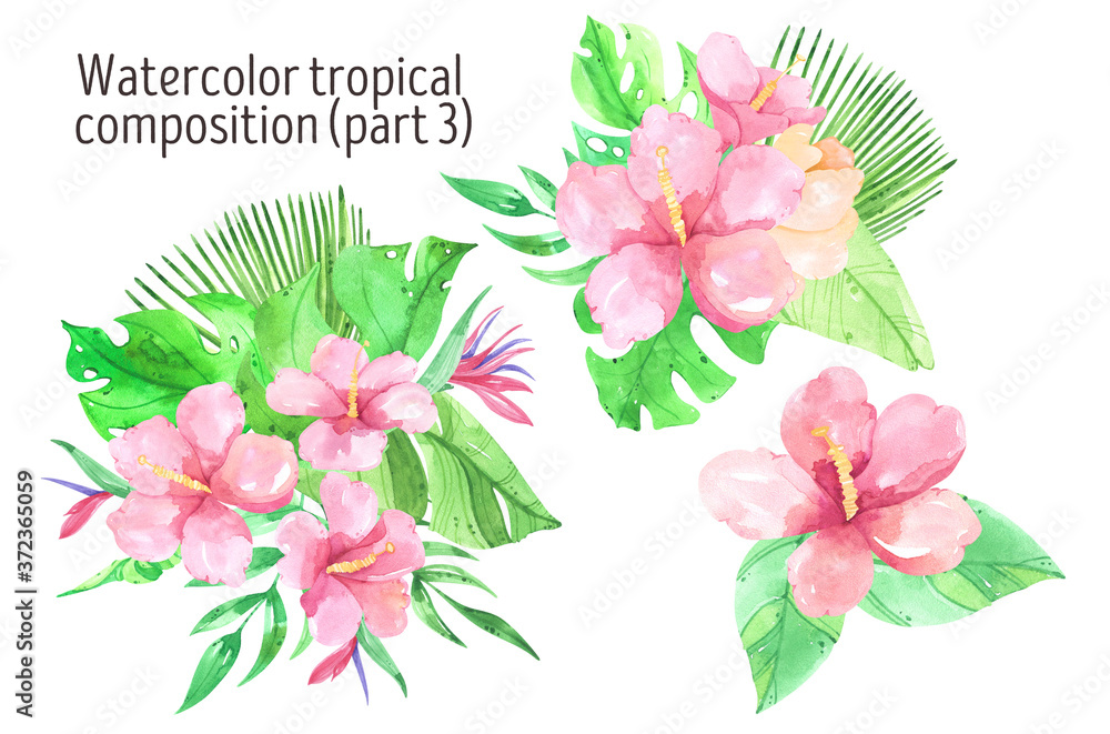 Watercolor tropical leaves composition, tropical bouquet