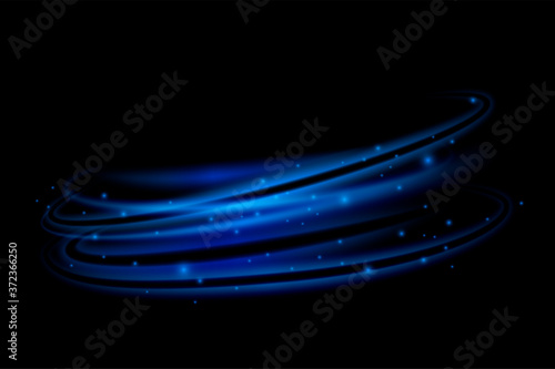 Blue dinamic rings with glitter. Abstract transparent light effect on black background. Vector shining element for advertising and packaging design