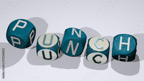 PUNCH text by dancing dice letters, 3D illustration for background and boxing photo