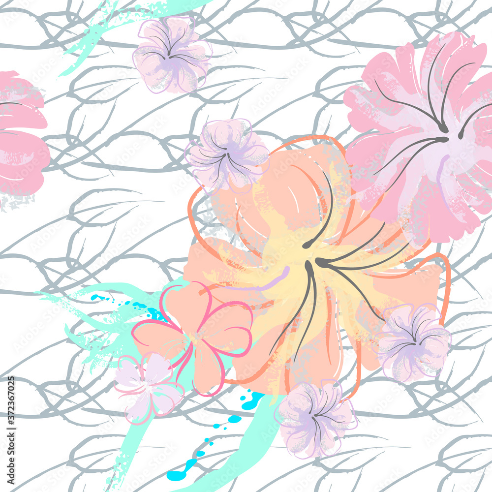 Pink Flowers Blooming Pattern. Pastel Watercolor.