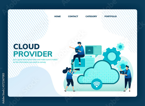 Landing page vector illustration for cloud provider for network, internet connection, communication, hosting server, data center. Design can be used for template, ui ux, web, website, banner, flyer