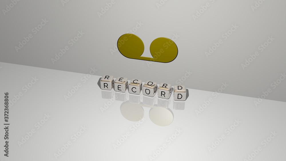 RECORD text of cubic dice letters on the floor and 3D icon on the wall, 3D illustration for background and music