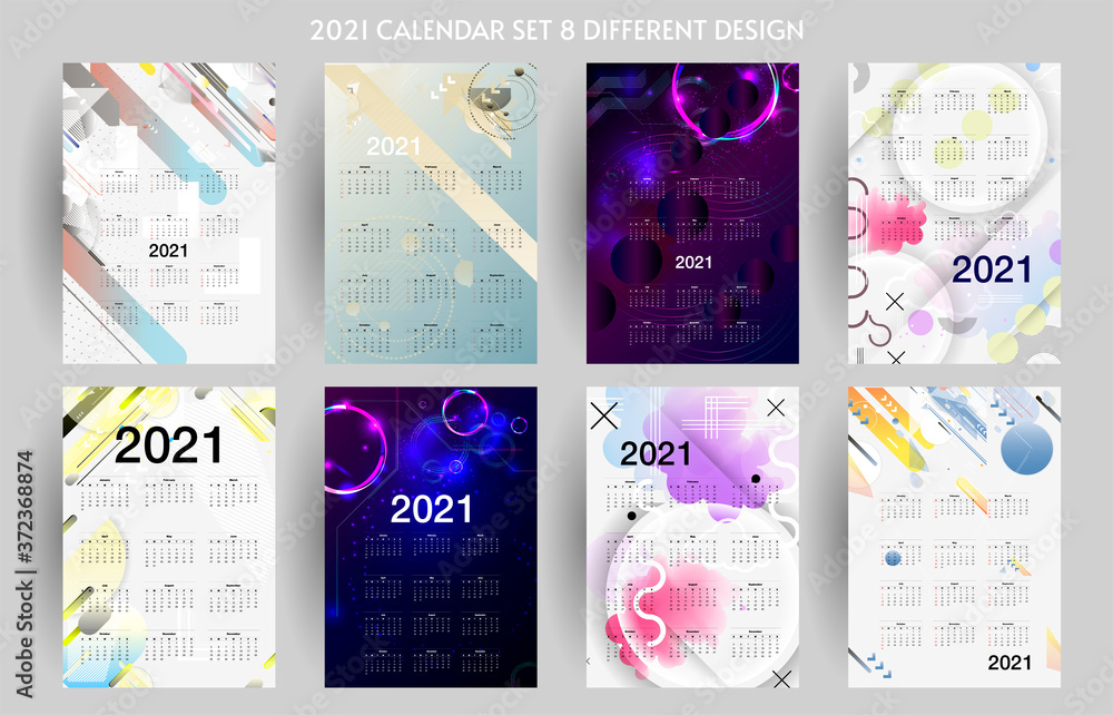 2021 calendar set 8 different design options. US Letter format. Editable calender page template. Abstract background vector illustrations