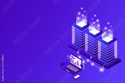 Transfer of user data to the server. Data flow. Data storage. Server. Digital space. Data center. Big Data. Conceptual illustration. Isometric vector illustration. 3D
