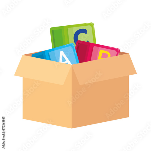 alphabet cubes with letters a, b, c, on box carton, in white background vector illustration design