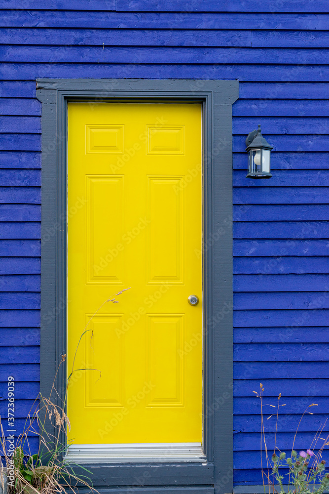 Entrance to a blue house with clapboard and a light fixture. The metal door which is closed is bright yellow in color. The trim is blue around the door. Some dried grass is on the bottom of the wall.