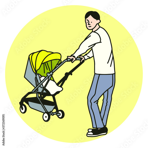 ベビーカーを乗せた赤ちゃんと散歩する男の人のカラーイラスト
