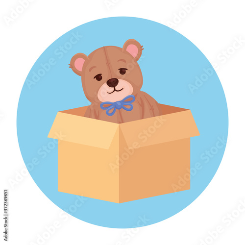 toy teddy bear on box carton, in round frame vector illustration design © Gstudio