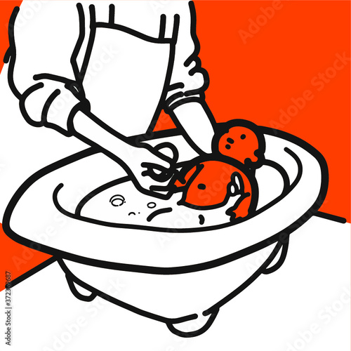 オレンジ背景-沐浴している赤ちゃんの風景のイラスト

