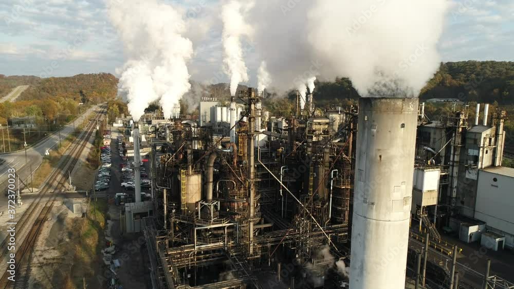 Global Warming Oil and Gas Factory Sunny Fall Aerial 4K Global Warming Oil and Gas Factory Sunny Fall Aerial 4K