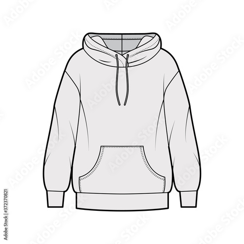 Oversized cotton-fleece hoodie technical fashion illustration with pocket, relaxed fit, long sleeves. Flat outwear jumper apparel template front, grey color. Women, men, unisex sweatshirt top CAD