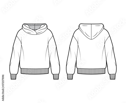 Oversized cotton-fleece hoodie technical fashion illustration with relaxed fit, long sleeves. Flat outwear jumper apparel template front, back white color. Women, men, unisex sweatshirt top CAD mockup