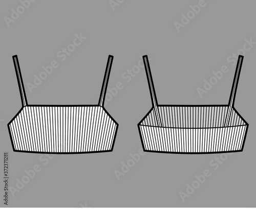 Ribbed cropped stretch-knit top technical fashion illustration with fitted body, under bust length. Flat camisole outwear tank apparel template front back white color. Women men unisex shirt top CAD