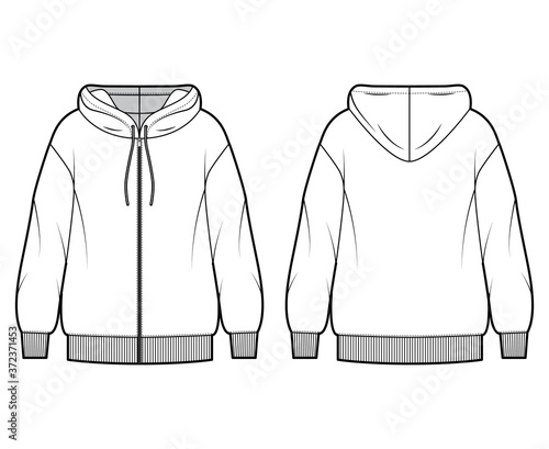 Zip-up oversized cotton-fleece hoodie technical fashion illustration with relaxed fit, long sleeves. Flat jumper apparel template front, back, white color. Women, men, unisex sweatshirt top CAD mockup