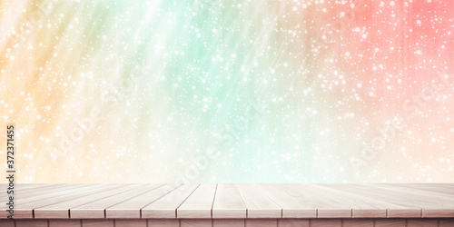 Colorful wooden platform background: sparkling bokeh.

(3D rendering computer digitally generated illustration.)