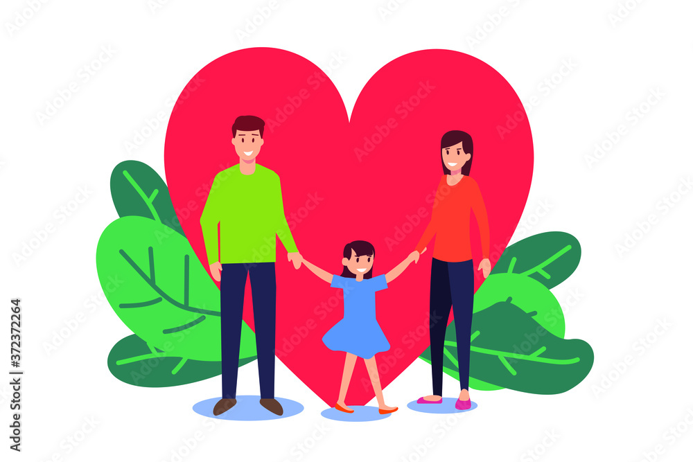 Parenthood vector concept: Happy family holding hands in front of a big heart. Parenthood vector concept: Happy family holding hands in front of a big heart.