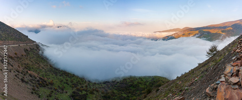 Foggy valley in sunset wide angle panorama in North of Iran © Moe Shirani