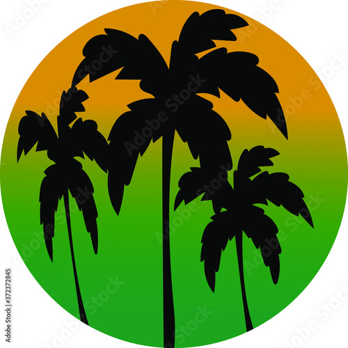 Hawaiian Palm Trees on a circle Tropical Floral Pattern On orange and blue Background. Tropical Flower Patterns