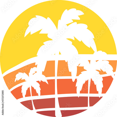 Hawaiian Palm Trees on a cut circle Tropical Floral Pattern On Yellow and orange Background. Tropical Flower Patterns