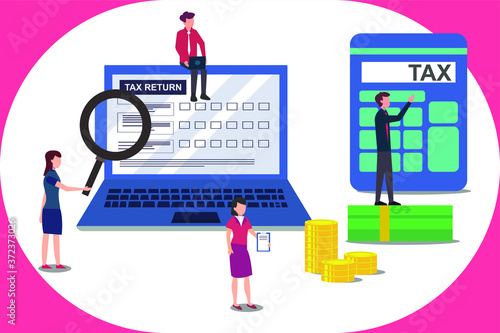 Tax return calculation vector concept: business with laptop, calculator and a magnifying glass calculating tax return