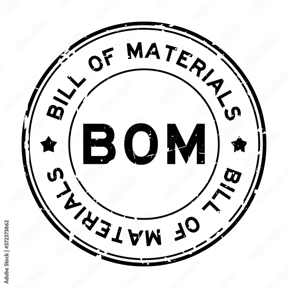 Grunge black BOM Bill of Materials word round rubber seal stamp on white background