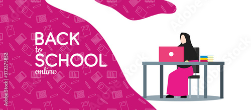 back to school online poster with hijab girl illustration. online learning. social media horizontal cover banner