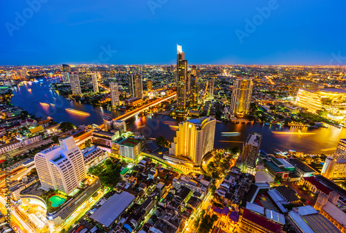 Bangkok city with Chao Phraya River at night  Thailand