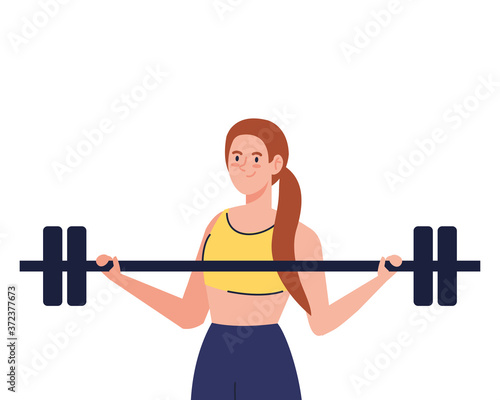 young woman doing exercises with weight bar, sport recreation exercise vector illustration design