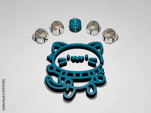 KITTY circular text of separate letters around the 3D icon, 3D illustration for cat and cute photo