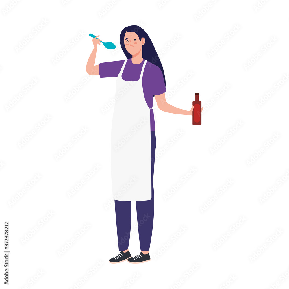 woman cooking using apron with spoon and bottle wine, in white background vector illustration design woman cooking using apron with spoon and bottle wine, in white background vector illustration design