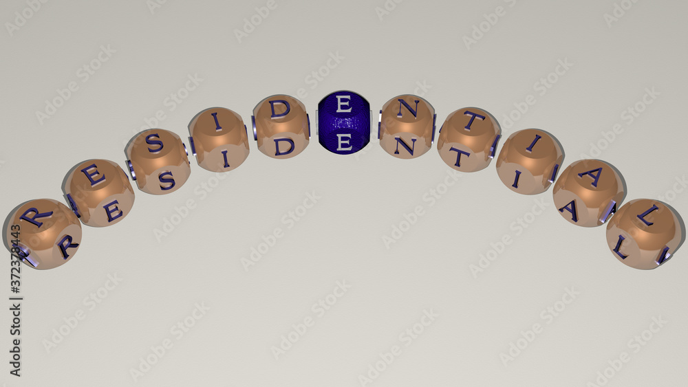RESIDENTIAL curved text of cubic dice letters, 3D illustration for building and architecture RESIDENTIAL curved text of cubic dice letters, 3D illustration for building and architecture