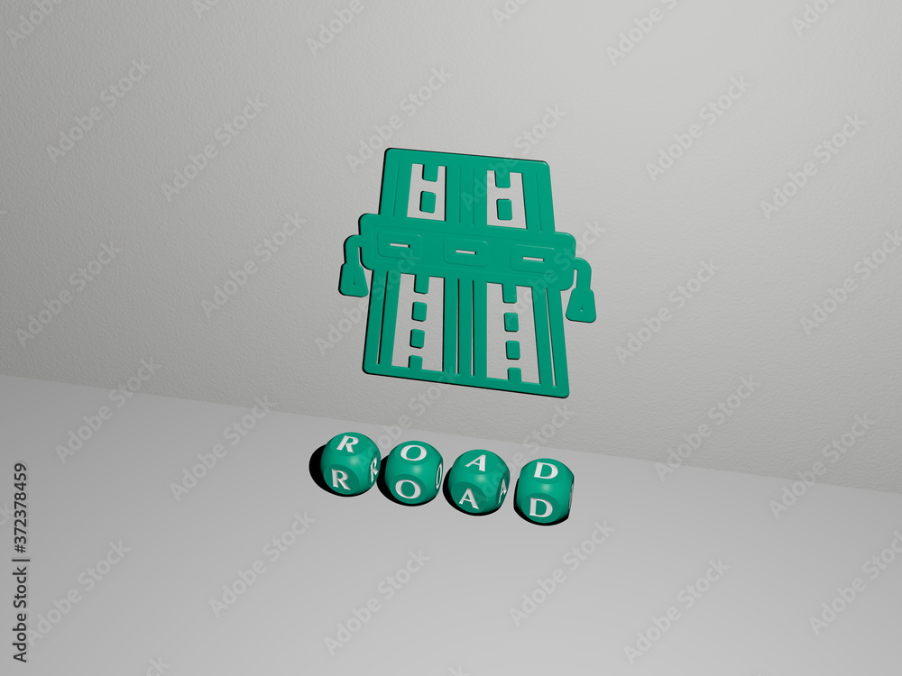 ROAD 3D icon on the wall and text of cubic alphabets on the floor, 3D illustration for background and city ROAD 3D icon on the wall and text of cubic alphabets on the floor, 3D illustration for background and city