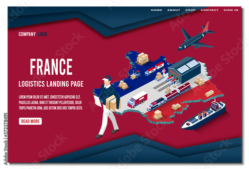 Modern isometric concept of France Logistics Landing page with Global Logistics, Warehouse, Sea Freight. 
Easy to edit and customize. Vector illustration