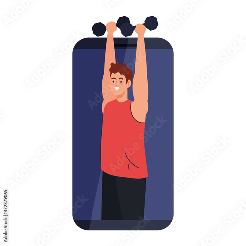 fitness, training and workout app, man with dumbbells in smartphone, sport online vector illustration design