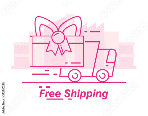 Free shipping delivery truck with gift box concept over city background vector illustration