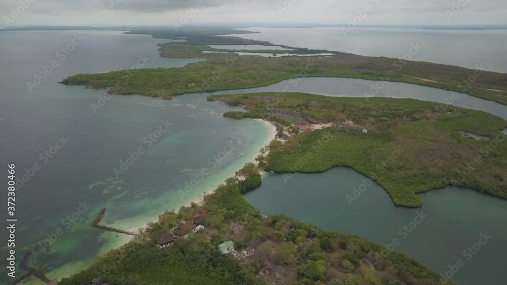 Rosario Islands Archipelago, Colombia. Aerial View of Scenic Coast in Caribbean Sea Under Moody Clouds, Drone Shot Rosario Islands Archipelago, Colombia. Aerial View of Scenic Coast in Caribbean Sea Under Moody Clouds, Drone Shot