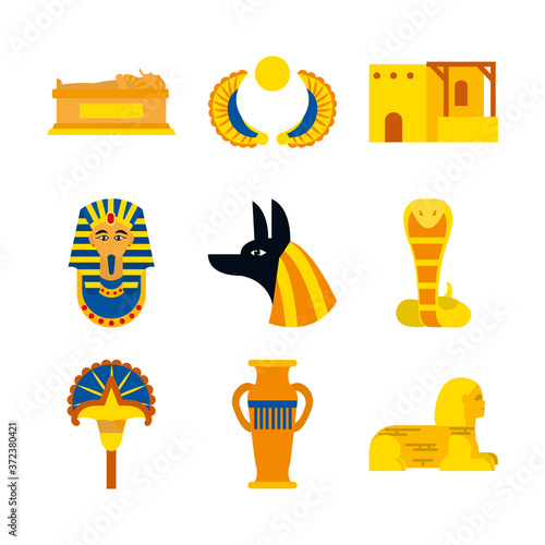 icon set of anubis god and egypt symbols, flat style