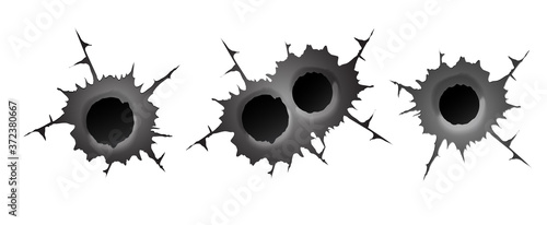 Bullet hole on white background. Realisic metal single and double bullet hole, damage effect. Vector illustration.