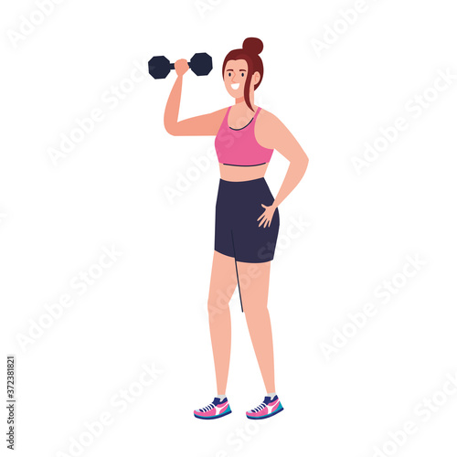 woman doing exercises with dumbbell, sport recreation exercise vector illustration design