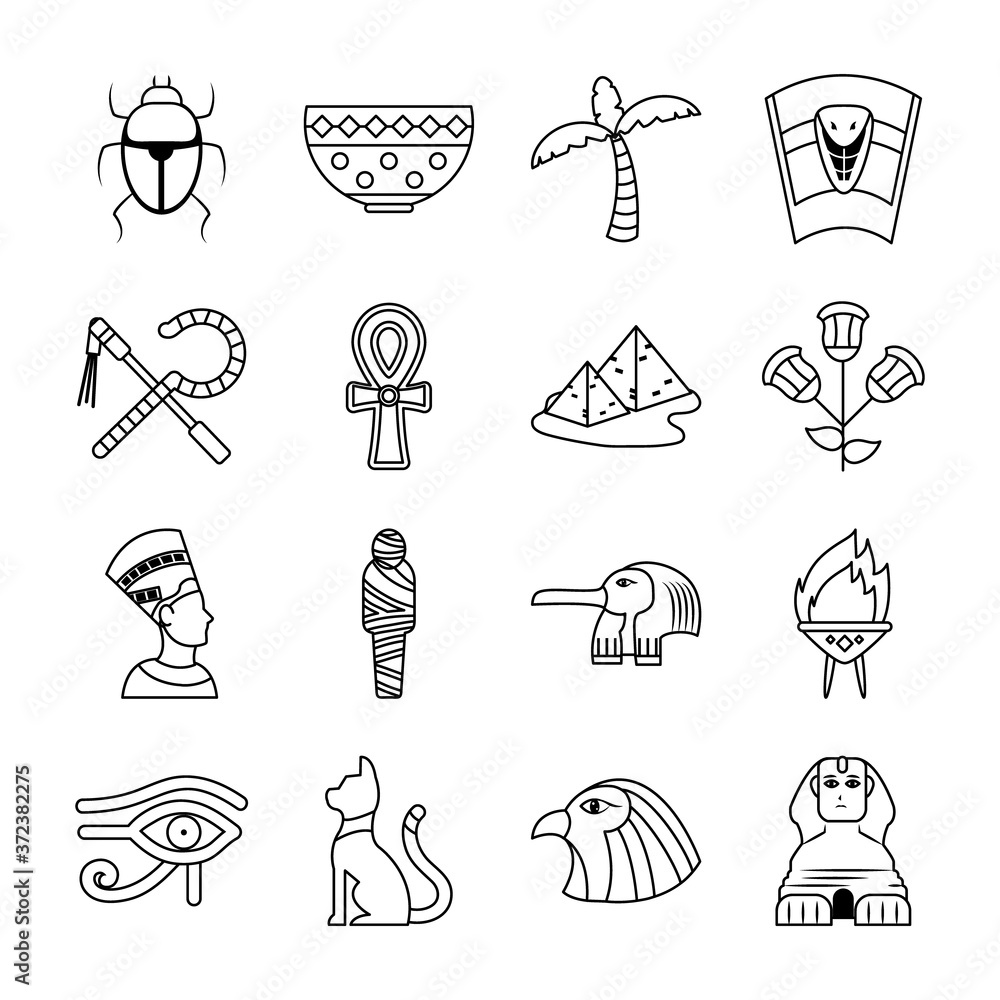 tropical palm and egypt icon set, line style