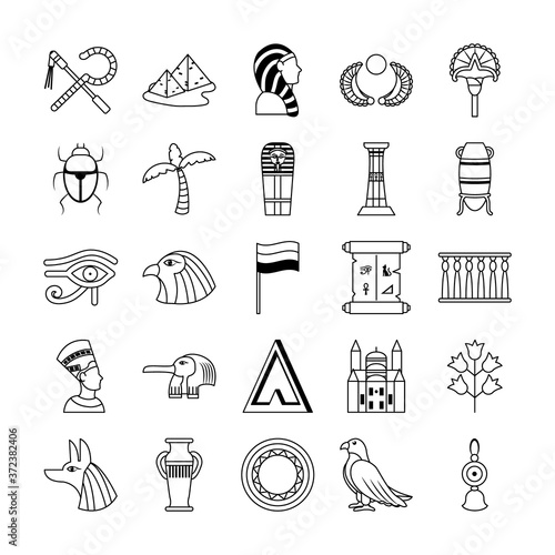 egyptian flowers and egypt icon set, line style