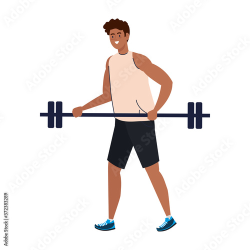 man afro with weight bar, sport recreation exercise vector illustration design