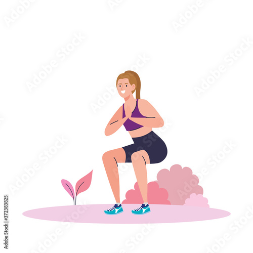woman doing squats outdoor, sport recreation exercise vector illustration design