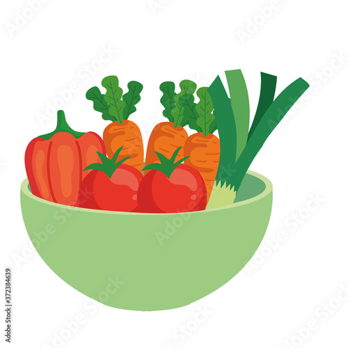 tomatoes and fresh vegetables on bowl, in white background vector illustration design